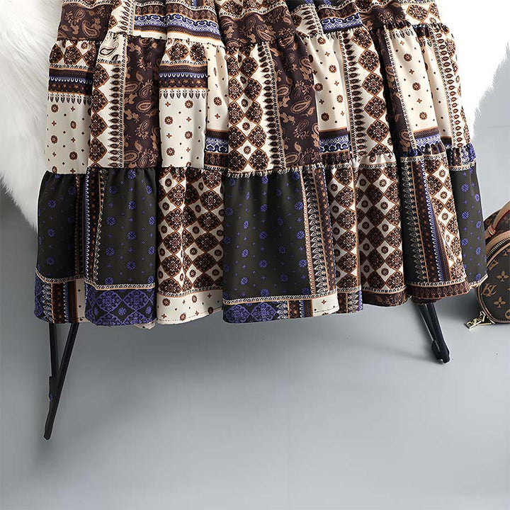 Robe longue à volants taille haute Olivenorma style bohème, imprimé cachemire patchwork - image 9