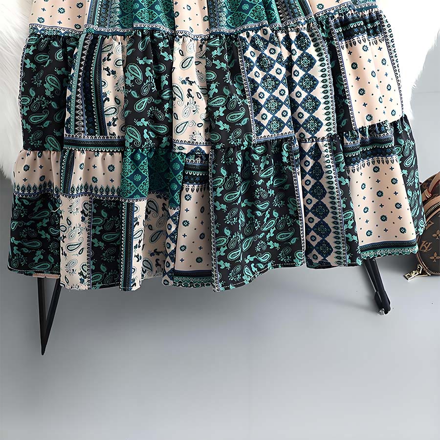 Robe longue à volants taille haute Olivenorma style bohème, imprimé cachemire patchwork - image 5