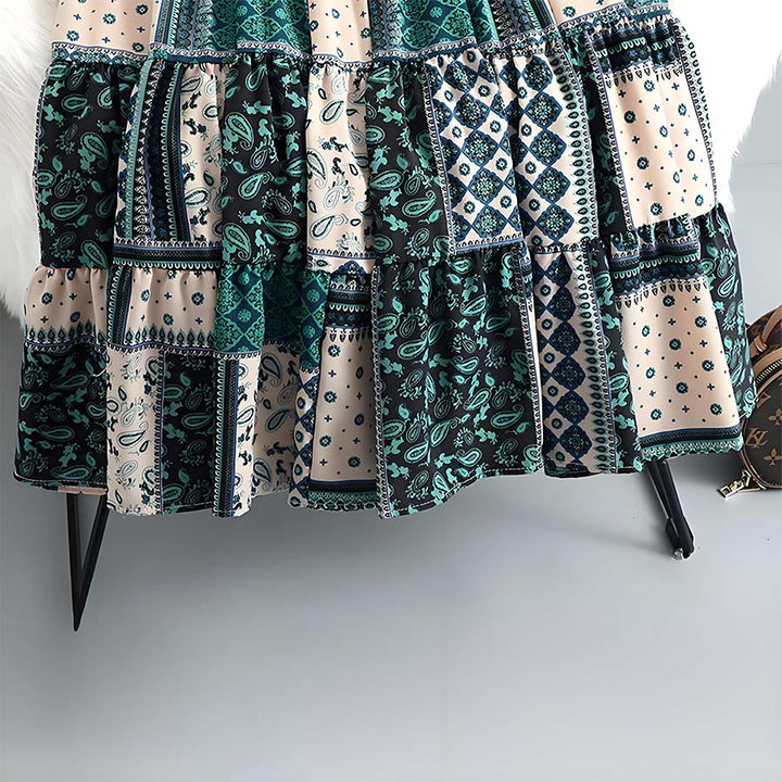 Robe longue à volants taille haute Olivenorma style bohème, imprimé cachemire patchwork - image 5
