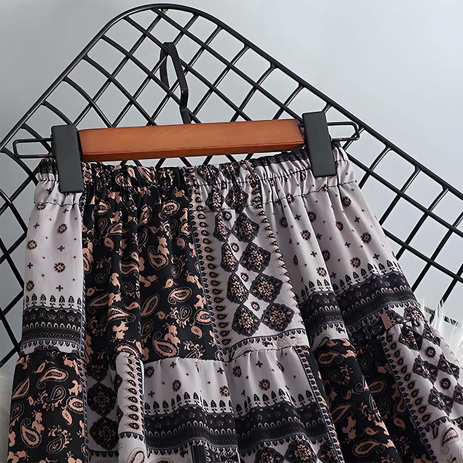 Robe longue à volants taille haute Olivenorma style bohème, imprimé cachemire patchwork - image 14