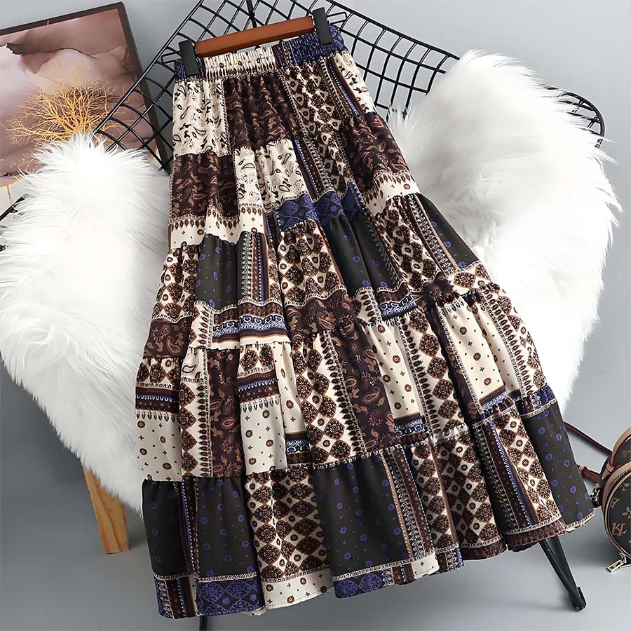 Robe longue à volants taille haute Olivenorma style bohème, imprimé cachemire patchwork - Kaki - image 8