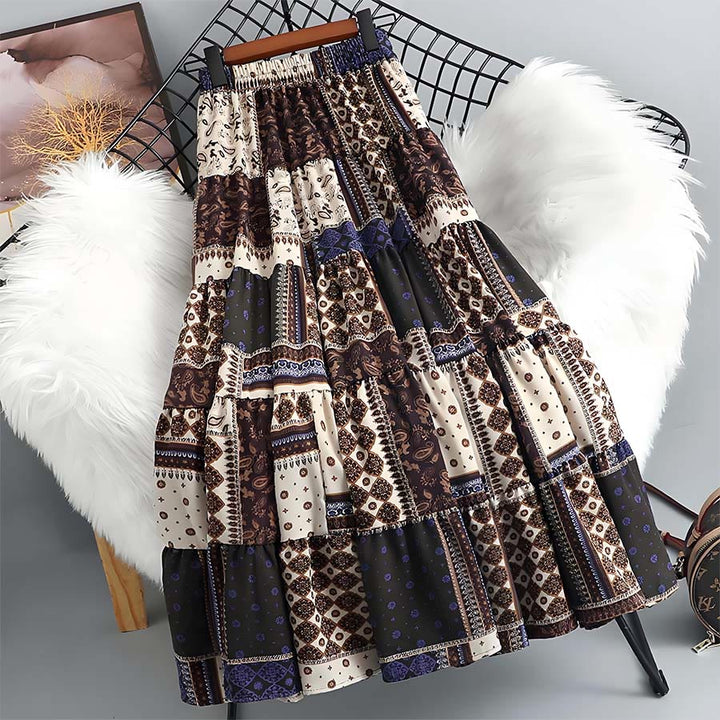 Robe longue à volants taille haute Olivenorma style bohème, imprimé cachemire patchwork - Kaki - image 8