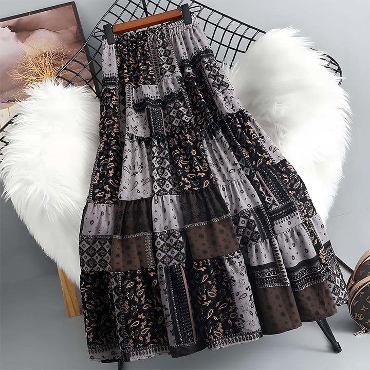 Robe longue à volants taille haute Olivenorma style bohème, imprimé cachemire patchwork - Gris - image 12