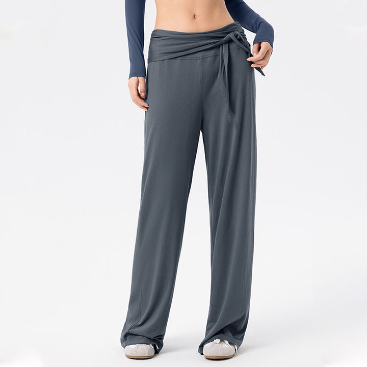 Pantalon de yoga long Olivenorma à jambes larges et taille haute avec ceinture nouée - image 3