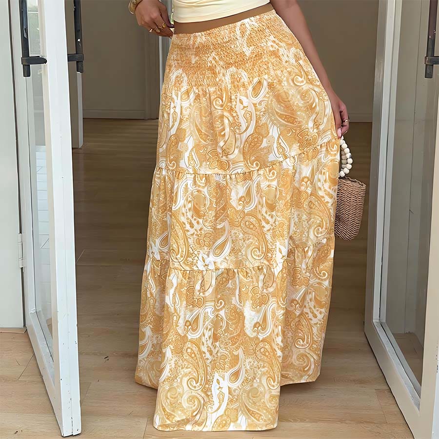 Robe longue Olivenorma bohème à imprimé cachemire, taille haute, smockée et à volants pour femme - image 18