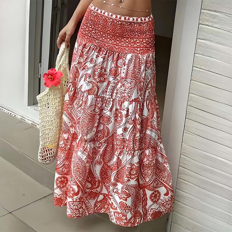 Robe longue Olivenorma bohème à imprimé cachemire, taille haute, smockée et à volants pour femme - Rouge - XXL - image 13