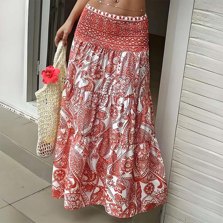 Robe longue Olivenorma bohème à imprimé cachemire, taille haute, smockée et à volants pour femme - Rouge - XXL - image 13