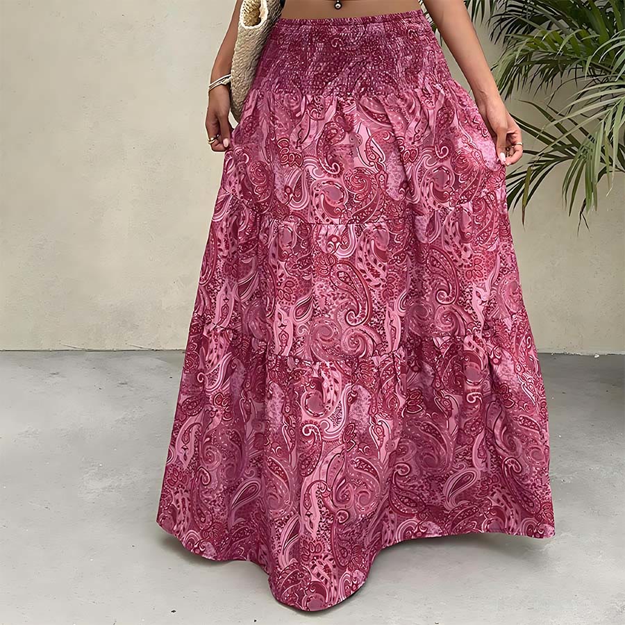 Robe longue Olivenorma bohème à imprimé cachemire, taille haute, smockée et à volants pour femme - Rose rouge - XL - image 26