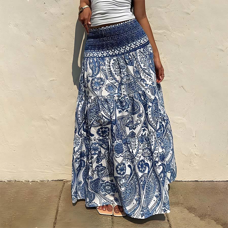 Robe longue Olivenorma bohème à imprimé cachemire, taille haute, smockée et à volants pour femme - image 2