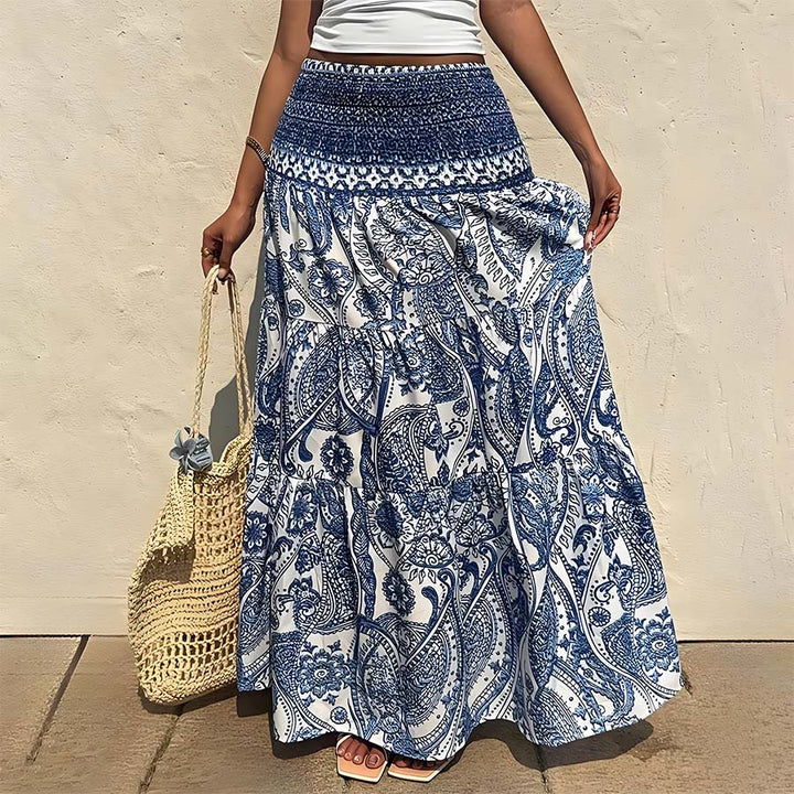 Robe longue Olivenorma bohème à imprimé cachemire, taille haute, smockée et à volants pour femme - Bleu et blanc - XXL - image 0