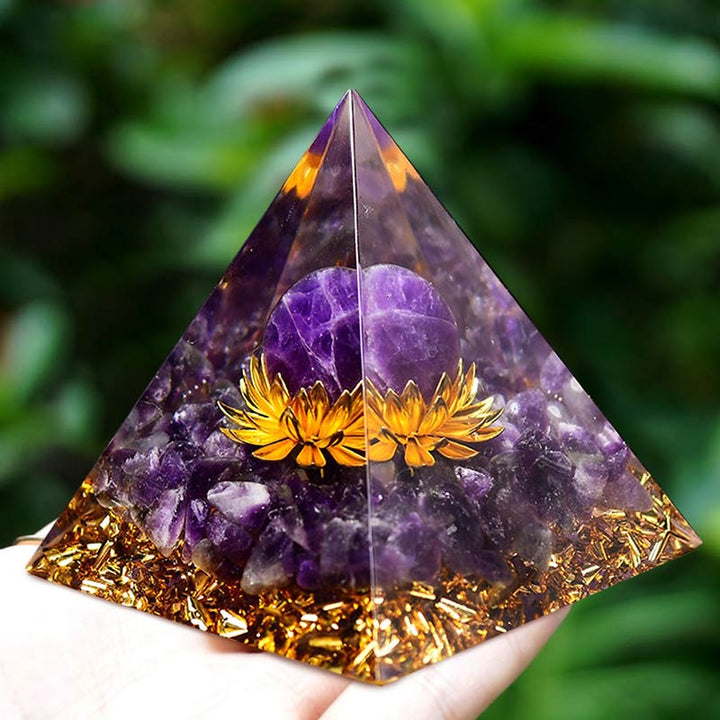 Sphère d'améthyste Olivenorma Symbole de lotus Pyramide d'orgone 