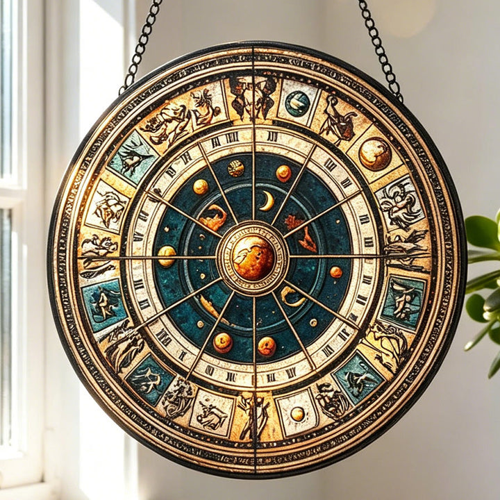 Attrape-soleil en vitrail Olivenorma Vintage représentant la roue du zodiaque astrologique - 30 cm x 30 cm - image 0