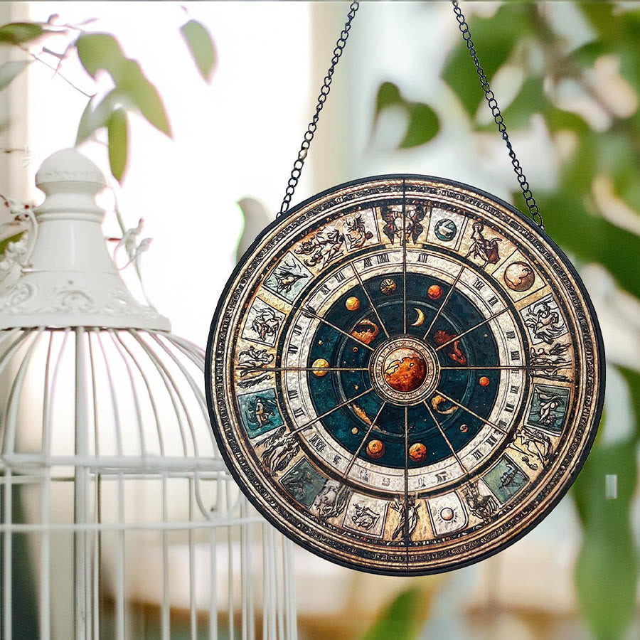 Attrape-soleil en vitrail Olivenorma Vintage représentant la roue du zodiaque astrologique - image 3