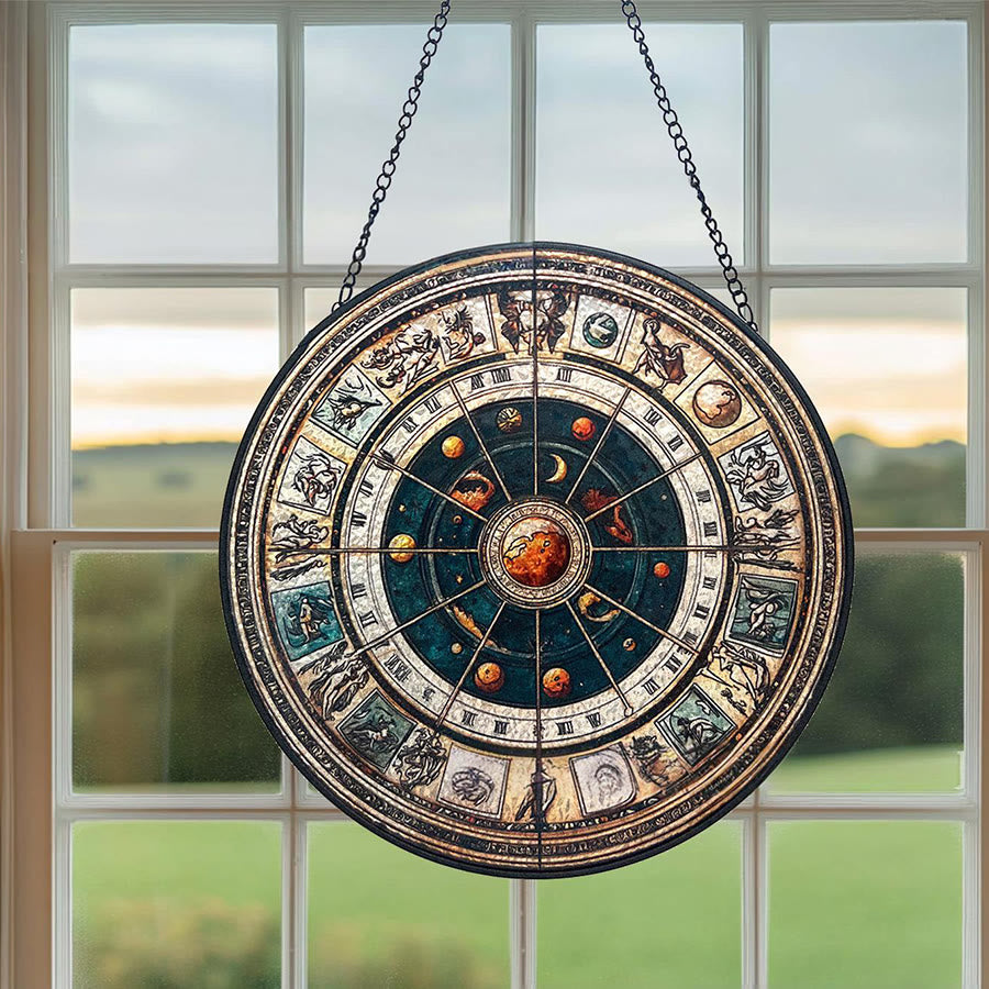 Attrape-soleil en vitrail Olivenorma Vintage représentant la roue du zodiaque astrologique - image 1