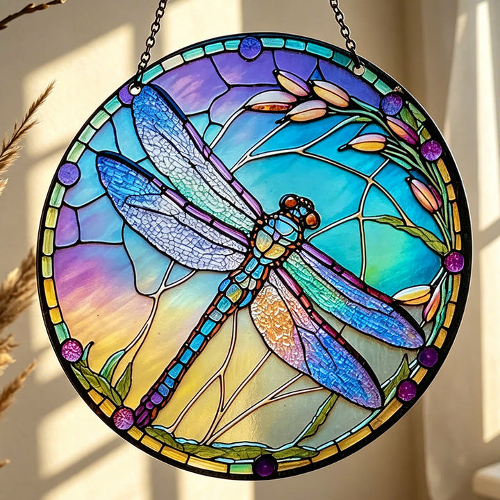 Attrape-soleil en vitrail botanique libellule irisée Olivenorma - 20 cm x 20 cm - Incliné - image 0