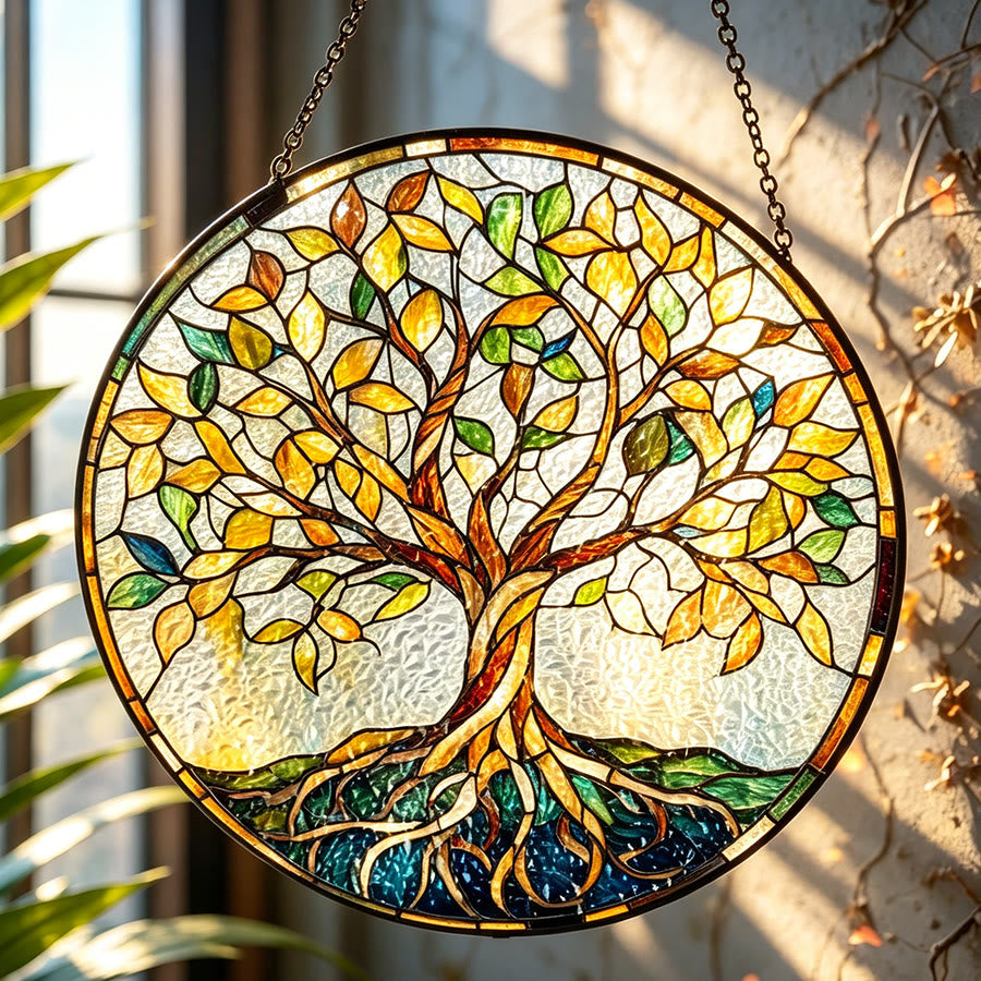 Attrape-soleil en mosaïque vitrail Olivenorma Vintage Automne Arbre de Vie - 30 cm x 30 cm - Jaune - image 0