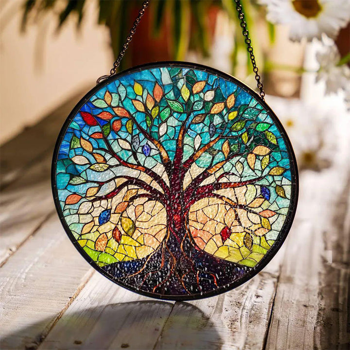 Attrape-soleil en mosaïque vitrail Olivenorma Vintage Automne Arbre de Vie - 30 cm x 30 cm - Bleu - image 5