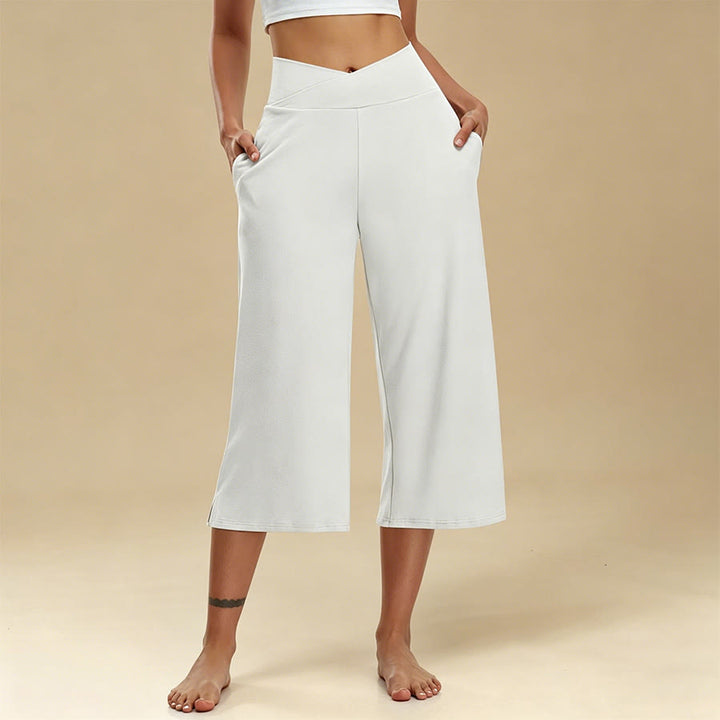 Pantalon de yoga et fitness Olivenorma pour femme, taille haute croisée, jambes larges et courtes, avec poches - image 0