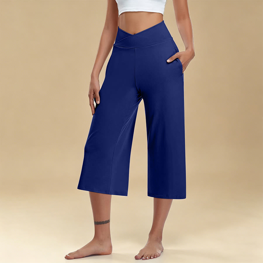 Pantalon de yoga et fitness Olivenorma pour femme, taille haute croisée, jambes larges et courtes, avec poches - Bleu - 3XL - image 5