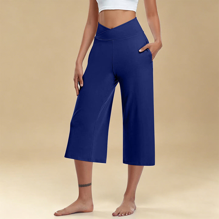 Pantalon de yoga et fitness Olivenorma pour femme, taille haute croisée, jambes larges et courtes, avec poches - Bleu - 3XL - image 5
