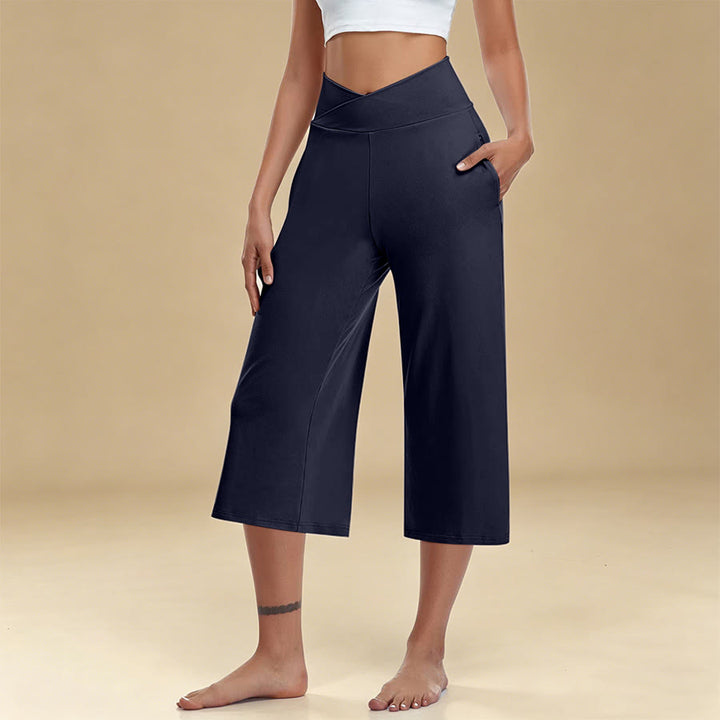 Pantalon de yoga et fitness Olivenorma pour femme, taille haute croisée, jambes larges et courtes, avec poches - Bleu marine - 3XL - image 10