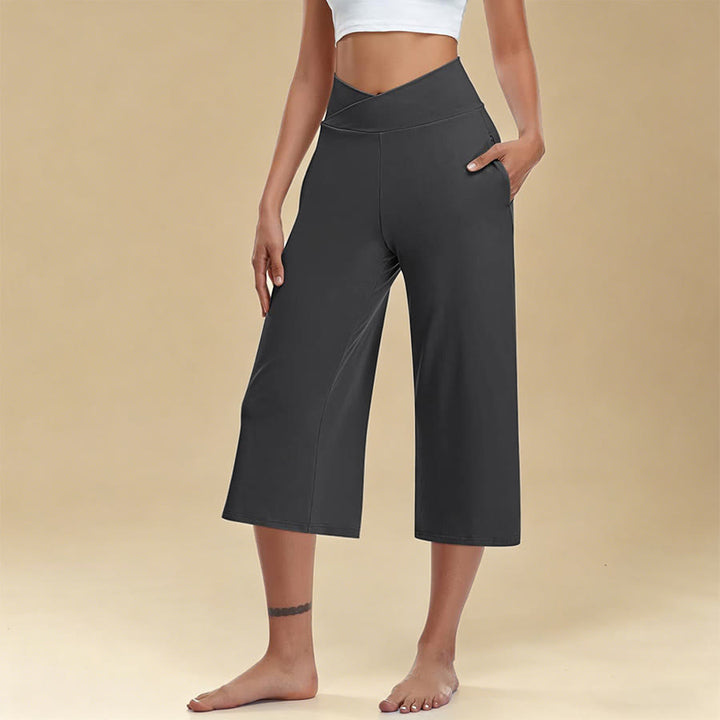 Pantalon de yoga et fitness Olivenorma pour femme, taille haute croisée, jambes larges et courtes, avec poches - Gris foncé - 3XL - image 13