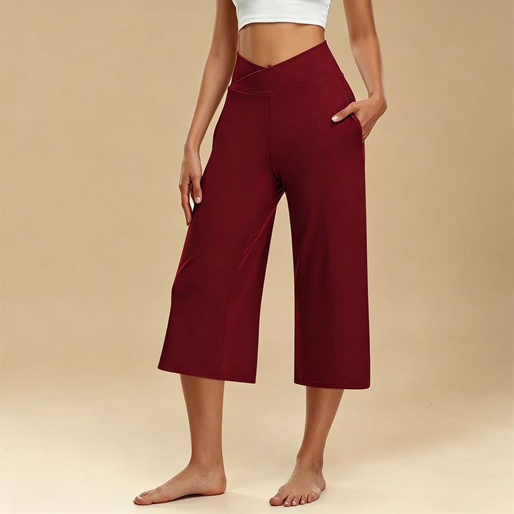 Pantalon de yoga et fitness Olivenorma pour femme, taille haute croisée, jambes larges et courtes, avec poches - Rouge vin - 3XL - image 12