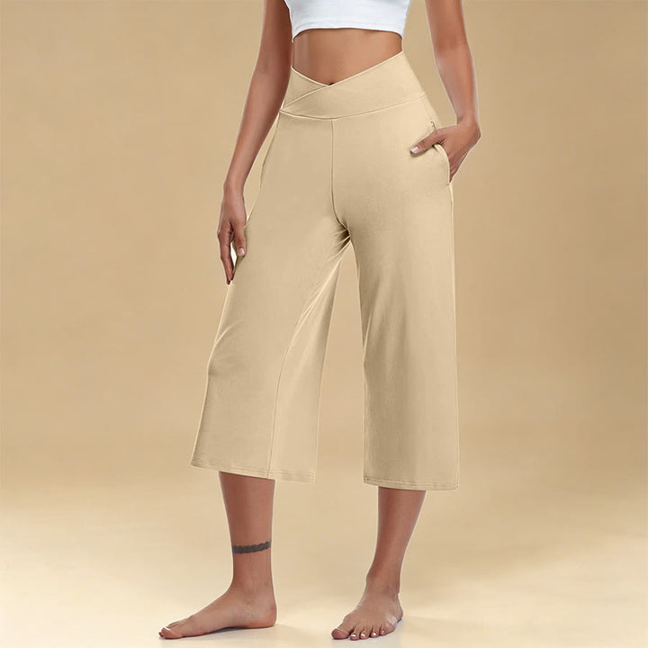 Pantalon de yoga et fitness Olivenorma pour femme, taille haute croisée, jambes larges et courtes, avec poches - Abricot - 3XL - image 7