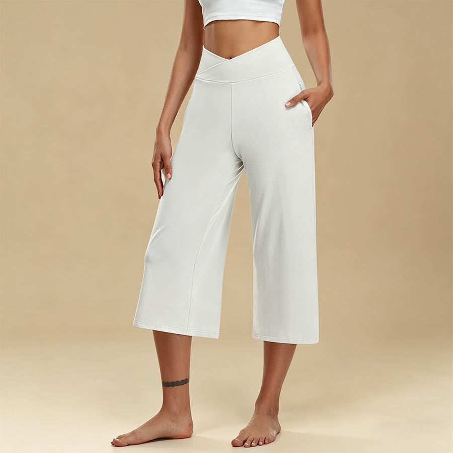 Pantalon de yoga et fitness Olivenorma pour femme, taille haute croisée, jambes larges et courtes, avec poches - Blanc - 3XL - image 1