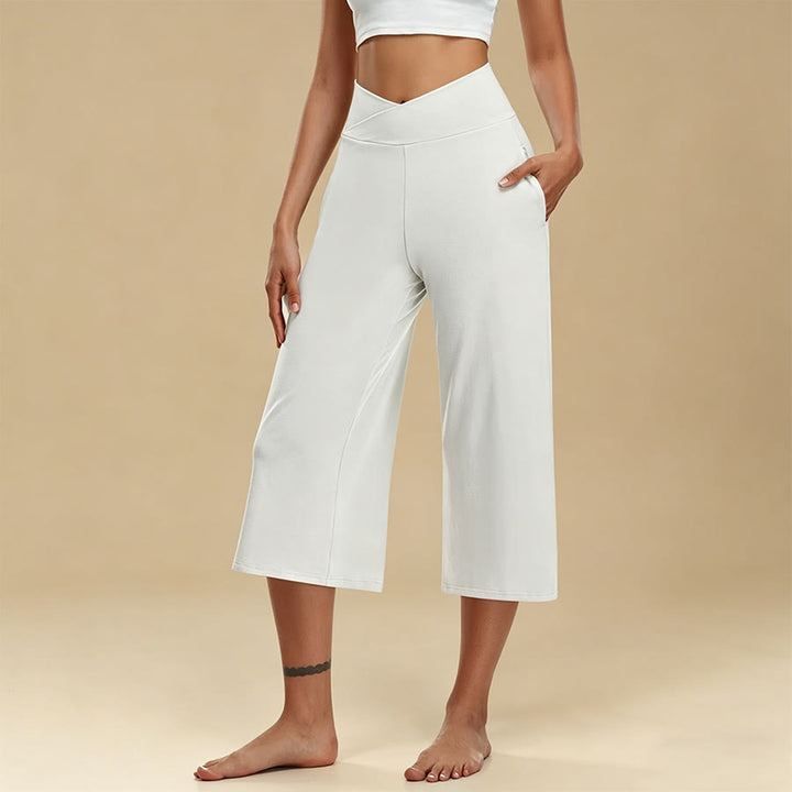 Pantalon de yoga et fitness Olivenorma pour femme, taille haute croisée, jambes larges et courtes, avec poches - Blanc - 3XL - image 1