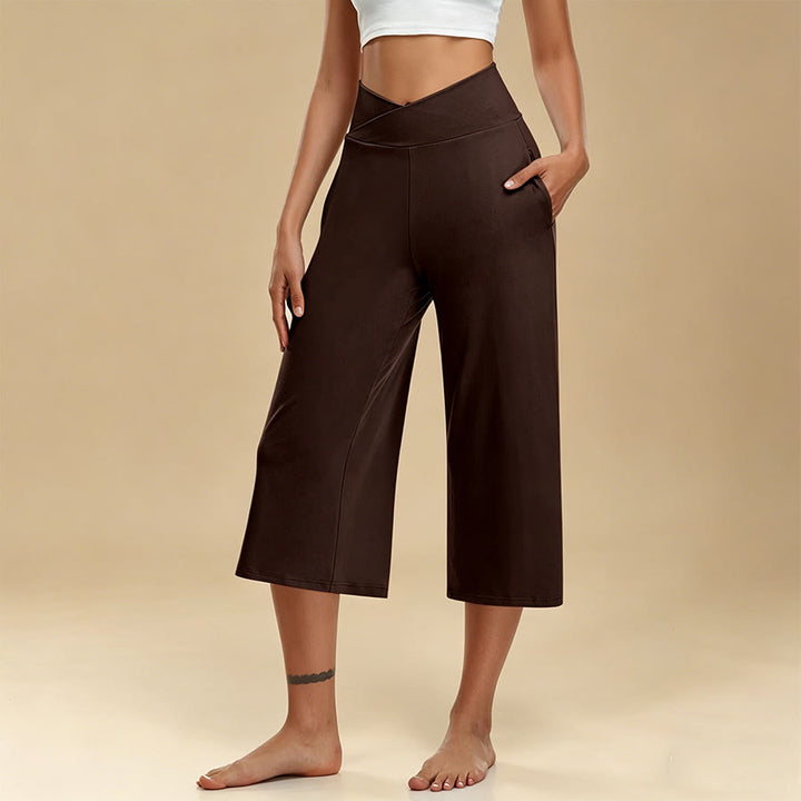 Pantalon de yoga et fitness Olivenorma pour femme, taille haute croisée, jambes larges et courtes, avec poches - Brun foncé - 3XL - image 11