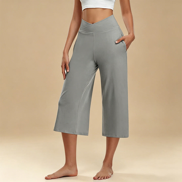 Pantalon de yoga et fitness Olivenorma pour femme, taille haute croisée, jambes larges et courtes, avec poches - Gris - 3XL - image 4