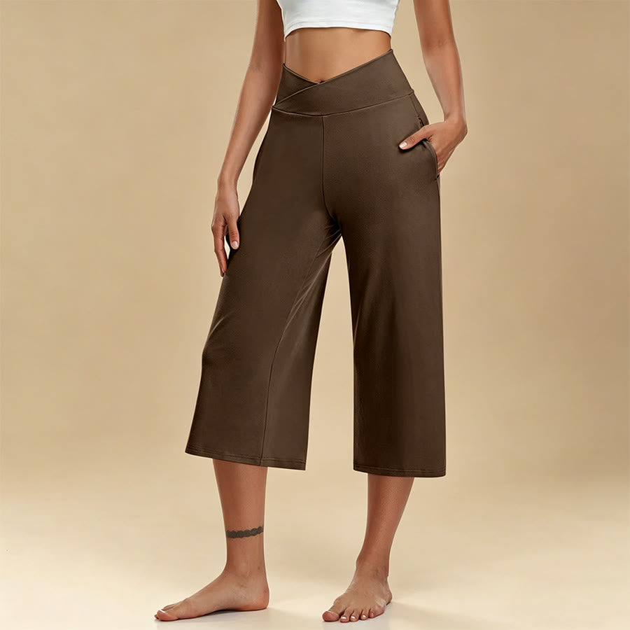 Pantalon de yoga et fitness Olivenorma pour femme, taille haute croisée, jambes larges et courtes, avec poches - Café - 3XL - image 9