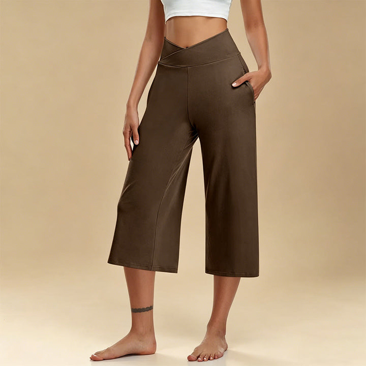 Pantalon de yoga et fitness Olivenorma pour femme, taille haute croisée, jambes larges et courtes, avec poches - Café - 3XL - image 9