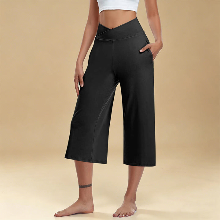 Pantalon de yoga et fitness Olivenorma pour femme, taille haute croisée, jambes larges et courtes, avec poches - Noir - 3XL - image 3