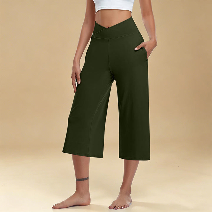 Pantalon de yoga et fitness Olivenorma pour femme, taille haute croisée, jambes larges et courtes, avec poches - Vert armée - 3XL - image 8