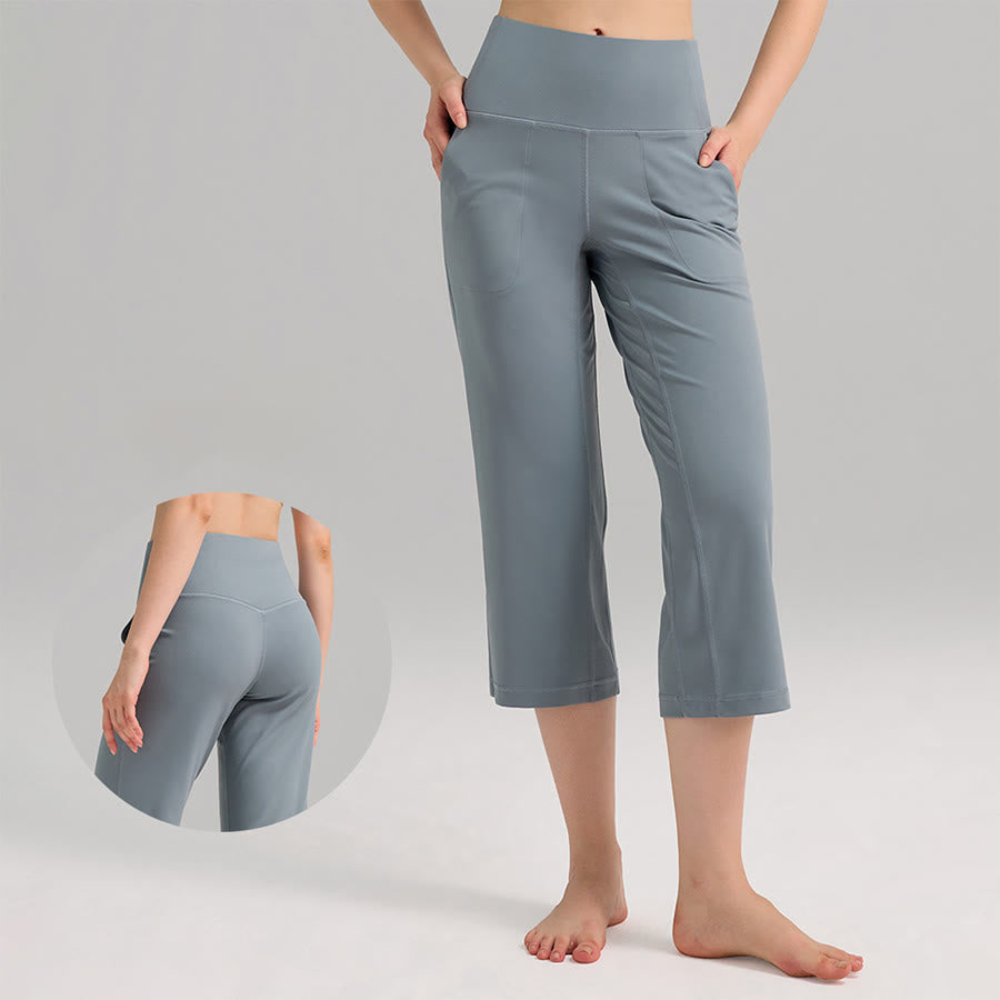 Pantalon de yoga et fitness pour femme Olivenorma, taille haute, jambes larges, avec poches - Bleu belge - XL - image 0