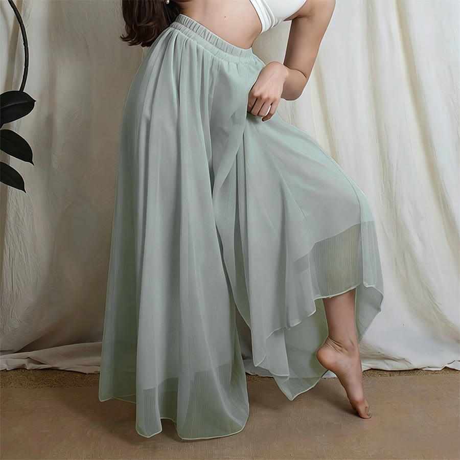Pantalon de danse et de yoga pour femme Olivenorma, taille haute élastique, fluide, en mousseline, jambes larges. - Cyan - XL - image 1
