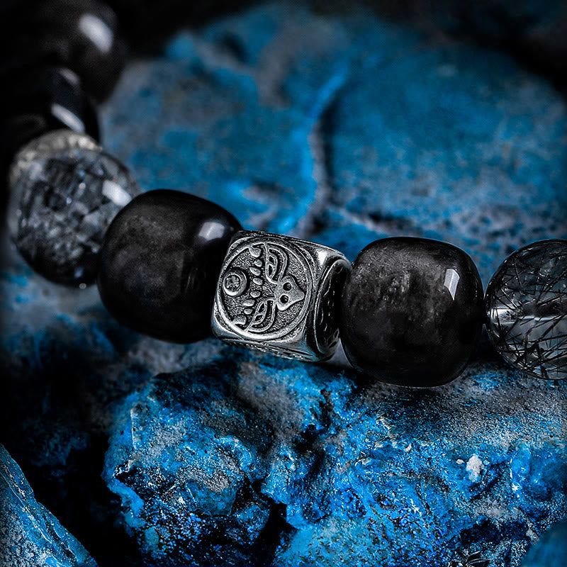 Bracelet Olivenorma en perles gravées, orfèvrerie argentée et quartz noir rutile - image 3