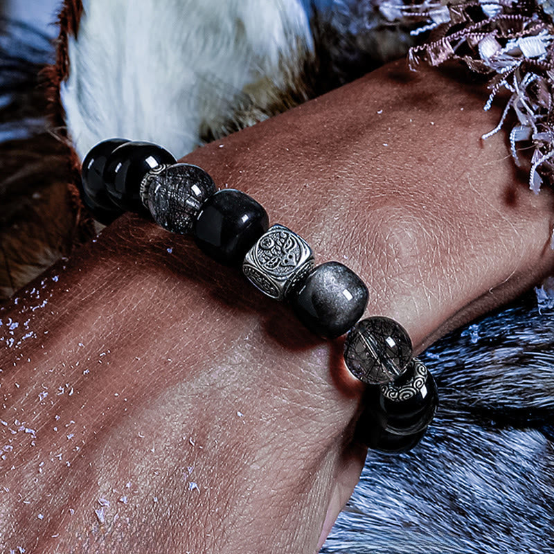 Bracelet Olivenorma en perles gravées, orfèvrerie argentée et quartz noir rutile - image 1