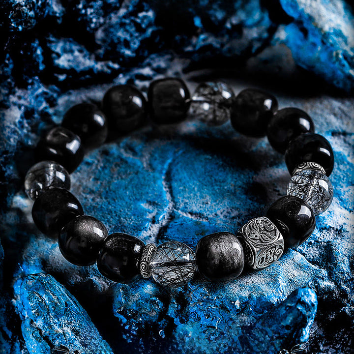 Bracelet Olivenorma en perles gravées, orfèvrerie argentée et quartz noir rutile - image 2