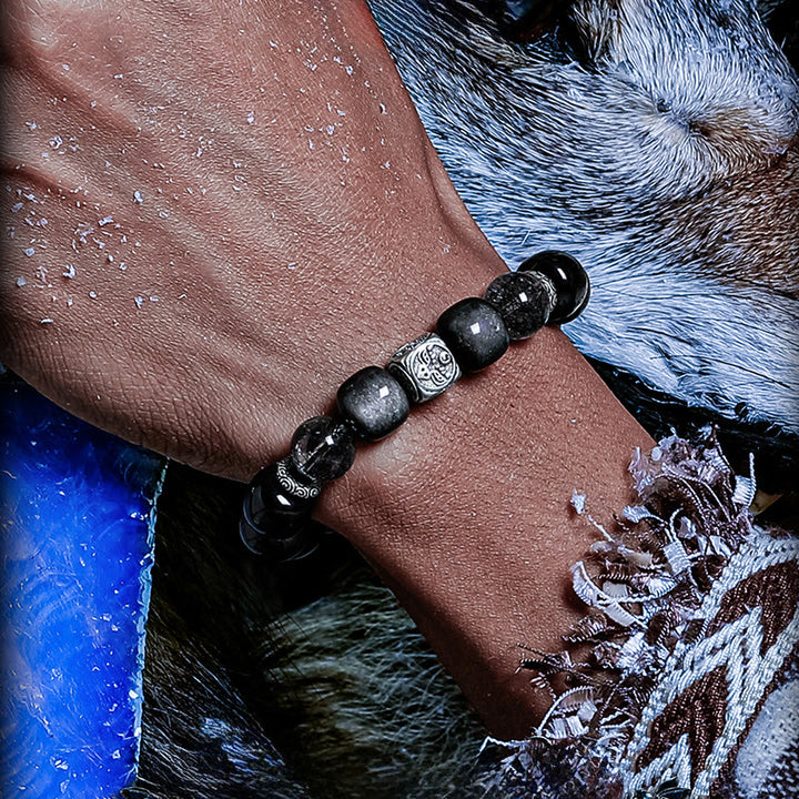 Bracelet Olivenorma en perles gravées, orfèvrerie argentée et quartz noir rutile - image 4