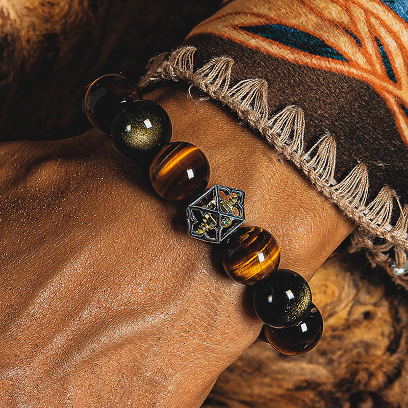 Bracelet à perles Olivenorma en œil de tigre et obsidienne dorée, motif géométrie sacrée - image 4