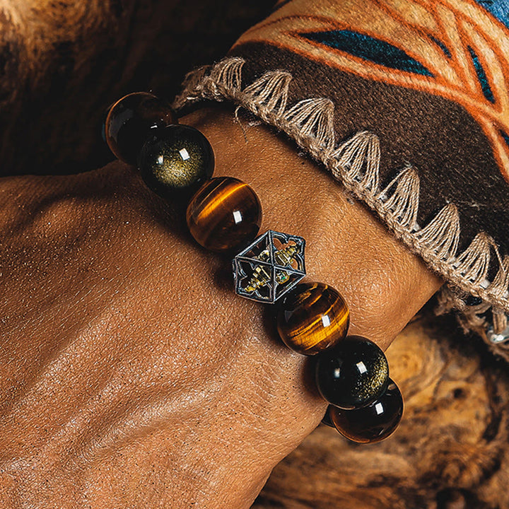 Bracelet à perles Olivenorma en œil de tigre et obsidienne dorée, motif géométrie sacrée - image 4