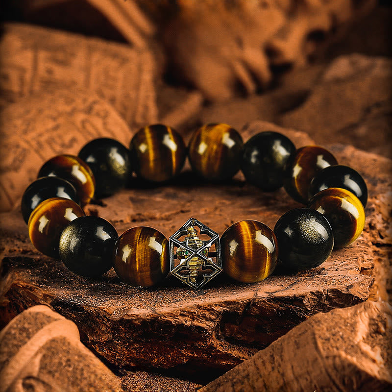 Bracelet à perles Olivenorma en œil de tigre et obsidienne dorée, motif géométrie sacrée - 17-18 cm - image 0