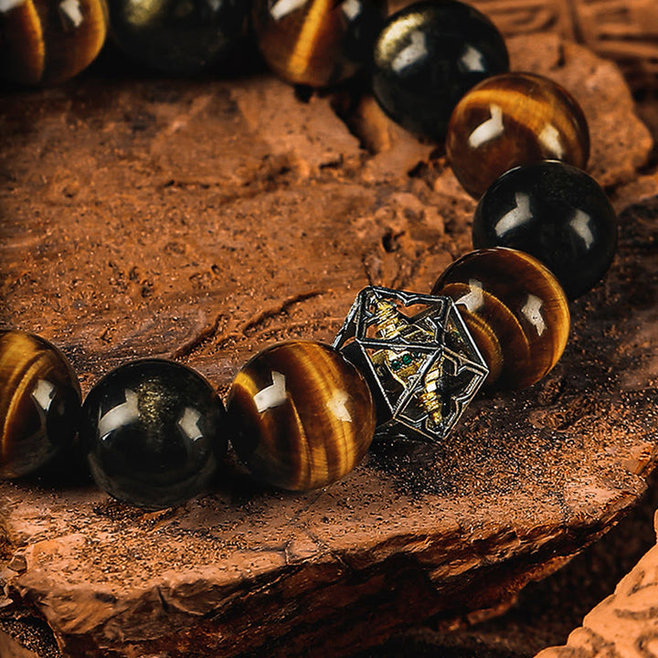 Bracelet à perles Olivenorma en œil de tigre et obsidienne dorée, motif géométrie sacrée - image 2