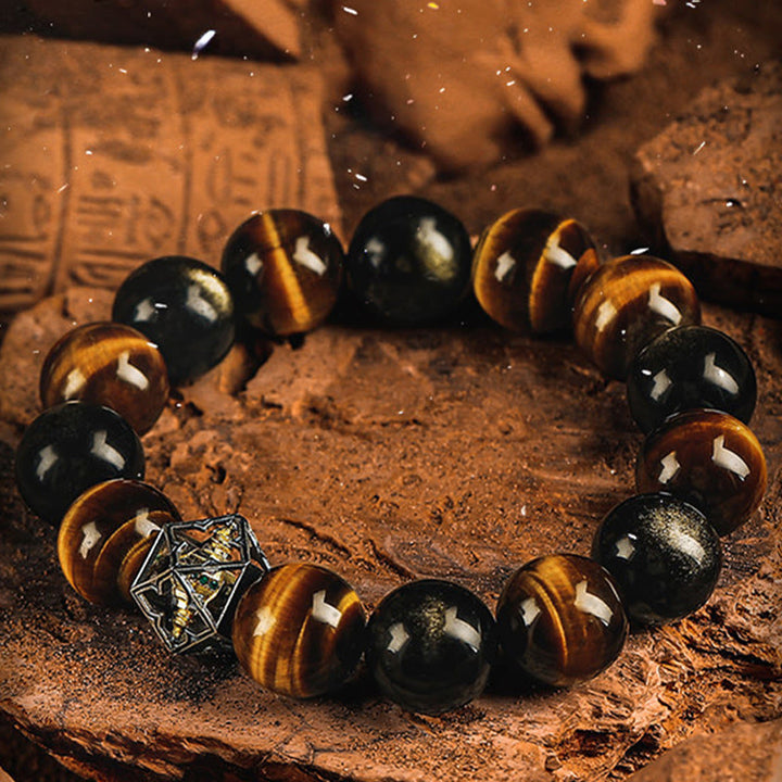 Bracelet à perles Olivenorma en œil de tigre et obsidienne dorée, motif géométrie sacrée - image 1