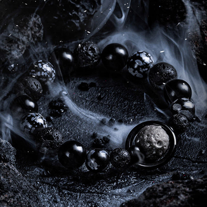 Bracelet à perles Olivenorma en pierre de lave et obsidienne avec breloque planète - image 1