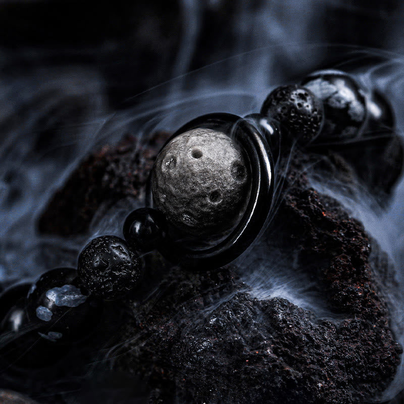 Bracelet à perles Olivenorma en pierre de lave et obsidienne avec breloque planète - image 2