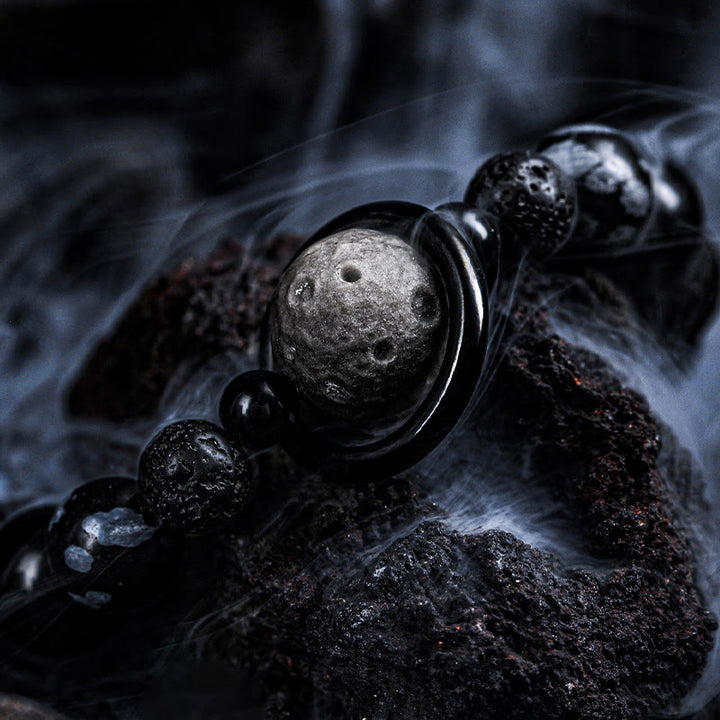 Bracelet à perles Olivenorma en pierre de lave et obsidienne avec breloque planète - image 2